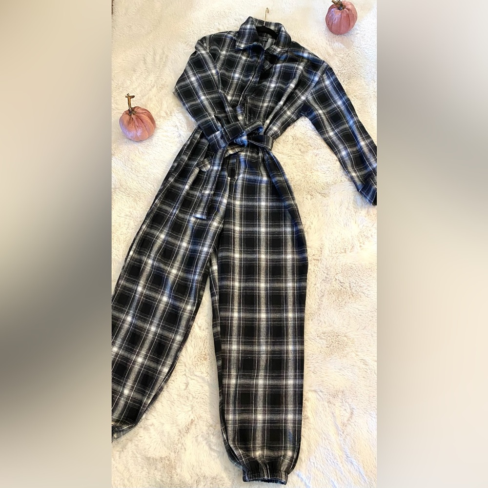 Black & White Plaid Belted Jumpsuit